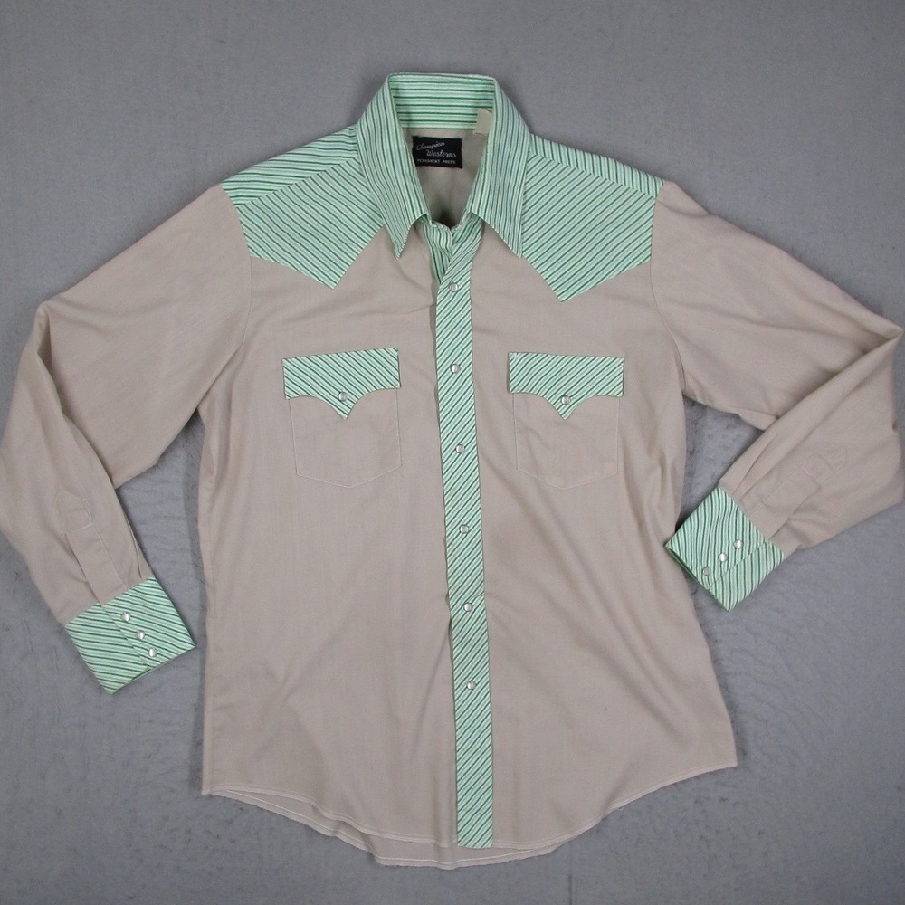 Vintage Champion Westerns Pearl Snap Shirt Mens Tan Green Striped Western Yoke